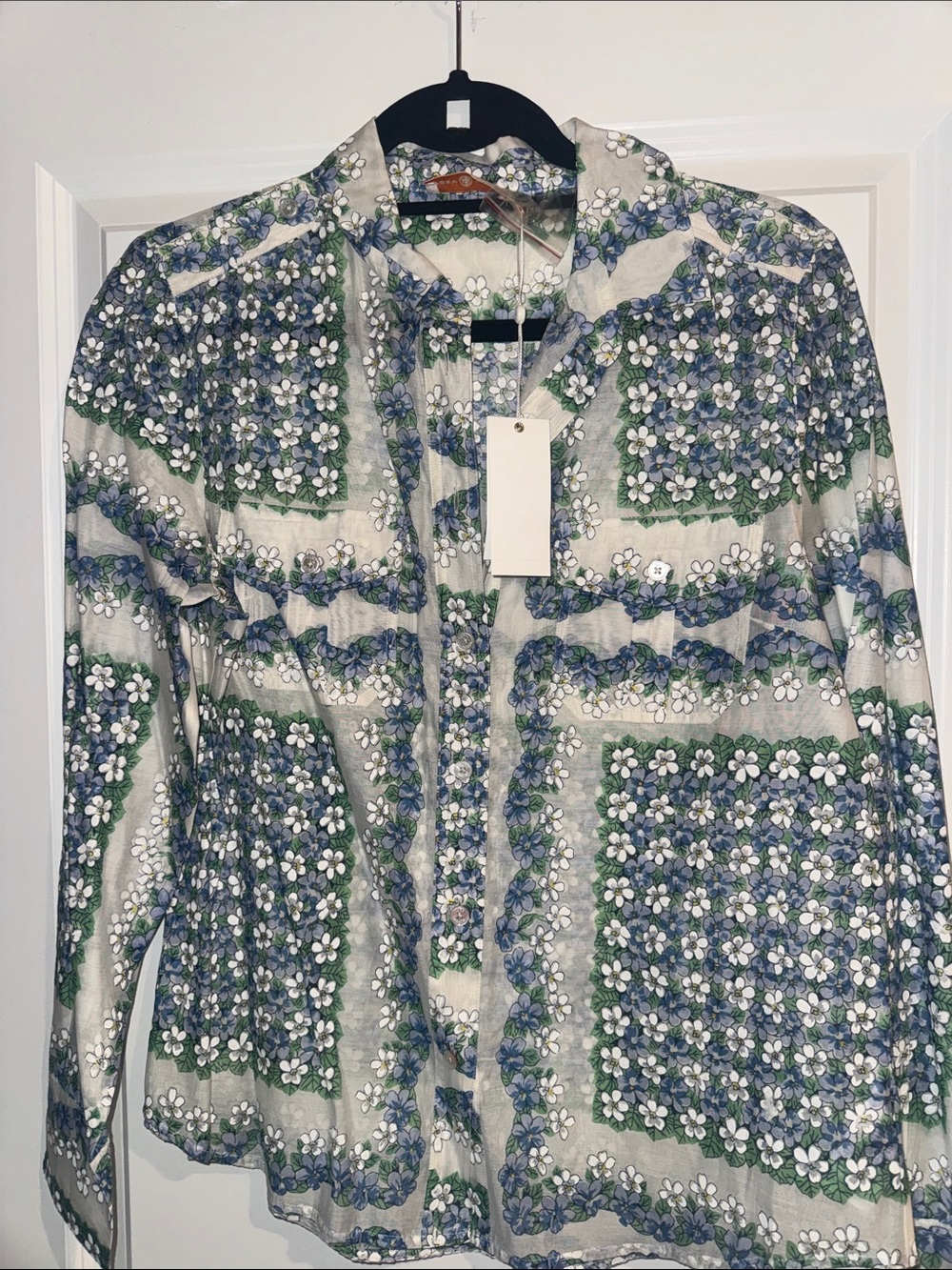 Tory Burch Green, Blue & White Floral Button-Down Shirt